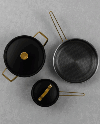 Sort Arvet Sæt Gryde Kasserolle Stegepande Mat Med Messingdetaljer - Vargenthor Kitchenplus